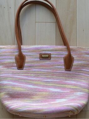ERIC JAVITS Pastel Striped Raffia Woven Tote Bag with Tan Leather Handles